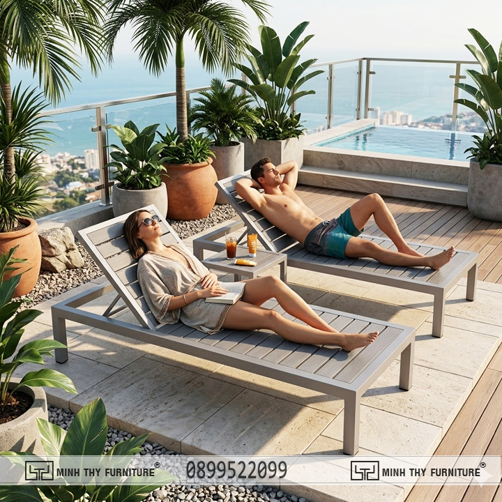 ghế hồ bơi nhựa giả gỗ ngoài trời cao cấp