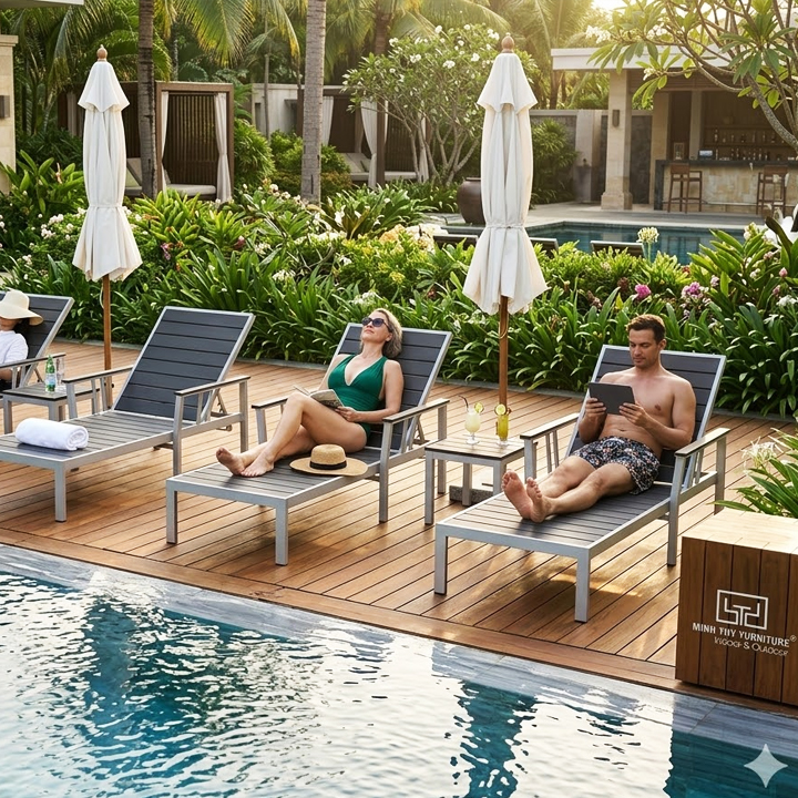 ghế hồ bơi nhựa giả gỗ polywood hiện đại